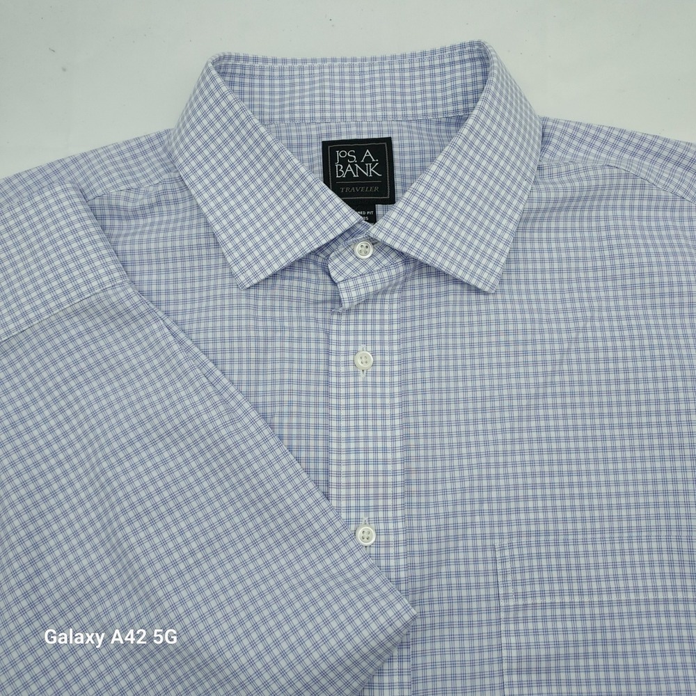 Jos. A. Bank Traveler Dress Shirt Mens 17.5 35 Tailored Fit Blue Check Cotton